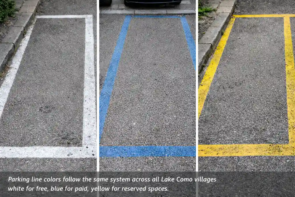 White, blue and yellow parking bay lines showing free, paid and reserved parking spaces in Lake Como
