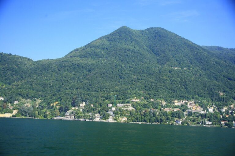 科莫湖东岸贝莱维奥的别墅和林木海岸线